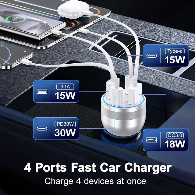 Alt view image 5 of 7 - 65W Car Charger for iPhone 17/16 Pro Max, 4 Port USB C Car Charger Fast Charging with 2Pack USB C Cables,Fast Car Phone Charger Cigarette Lighter Adapter for iPhone 17 16 15 Pro Max,iPad,Galaxy