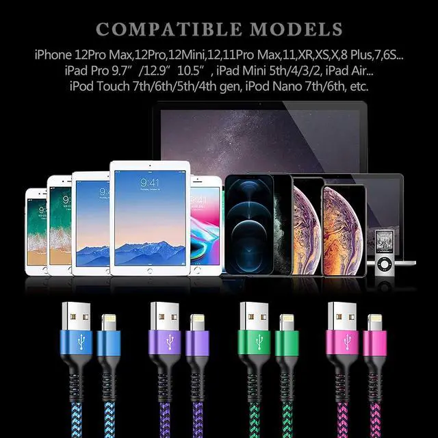 Alt view image 2 of 7 - iPhone Charger Cable Cord 6ft Braided Charging Apple Original Nylon USB Cords fast charge Wire for iPhone 14 13 12 11 Pro Max Mini SE X 8 7 6s Plus, iPad, Long Cables Power Adapter Cargador 6ft -4Pack
