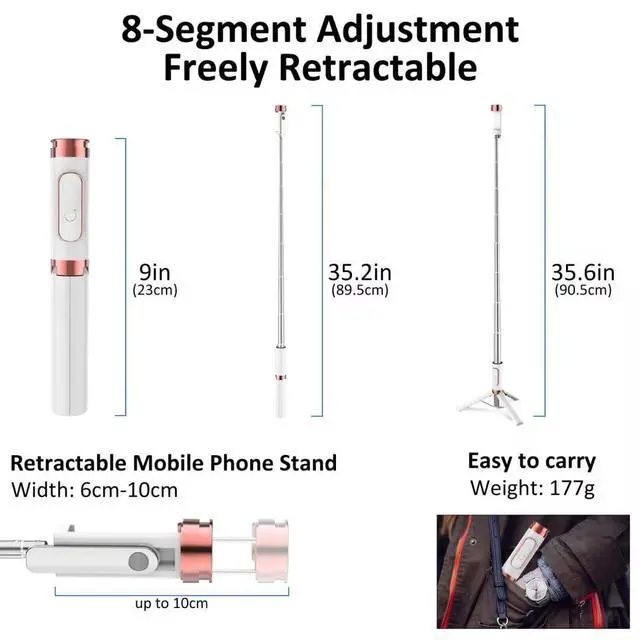 Alt view image 5 of 6 - Selfie Stick Phone Tripod with Remote for iPhone & Android, Portable Aluminum Alloy 3 in 1 Stand for Group Photos with 1/4" Screw for Gopro Cam, Vlog/Travel/Photography