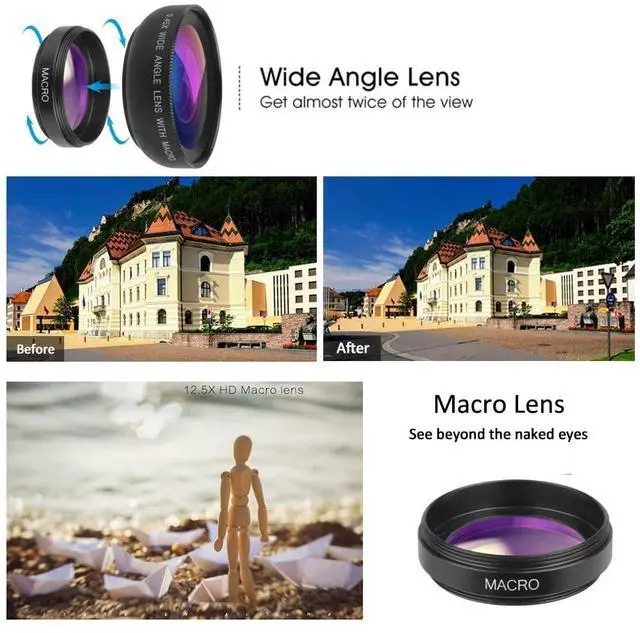 Alt view image 2 of 7 - Cell Phone Camera Lens 2 in 1 Clip-on Lens Kit 37mm 0.45X 49UV Super Wide Angle & Macro Phone Camera Lens for iPhone and Android Smartphones Cell Phones