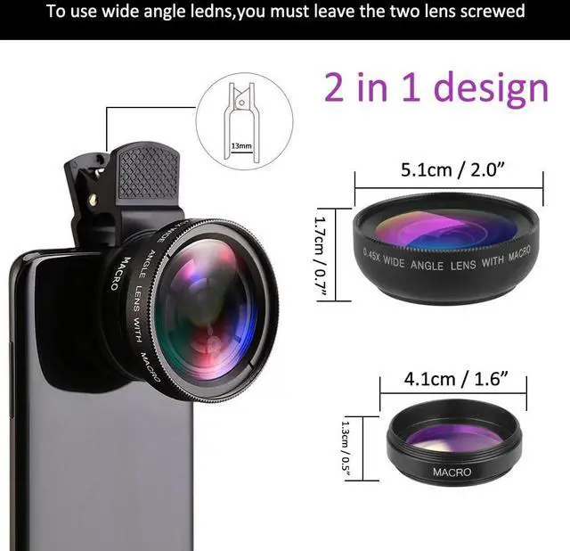 Alt view image 4 of 7 - Cell Phone Camera Lens 2 in 1 Clip-on Lens Kit 37mm 0.45X 49UV Super Wide Angle & Macro Phone Camera Lens for iPhone and Android Smartphones Cell Phones