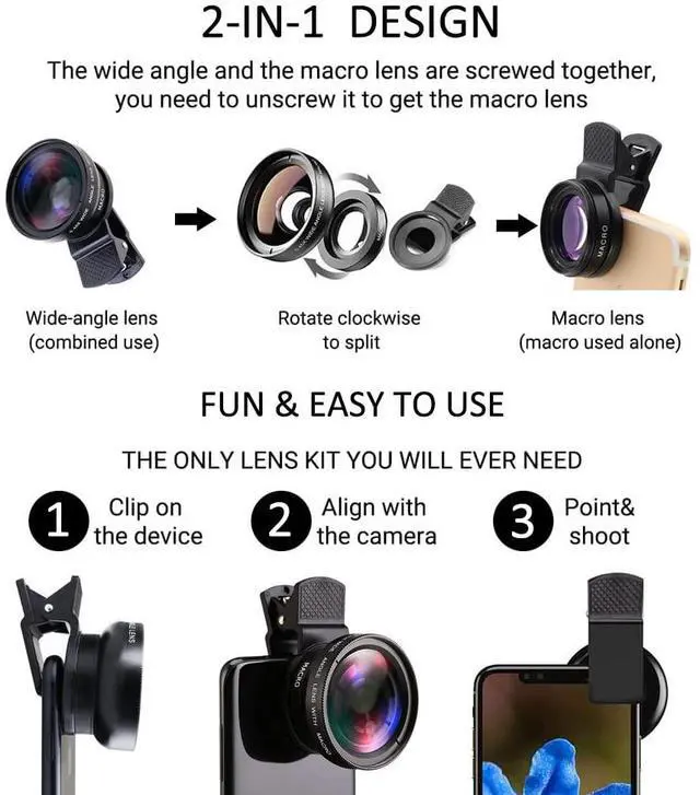 Alt view image 3 of 7 - Cell Phone Camera Lens 2 in 1 Clip-on Lens Kit 37mm 0.45X 49UV Super Wide Angle & Macro Phone Camera Lens for iPhone and Android Smartphones Cell Phones