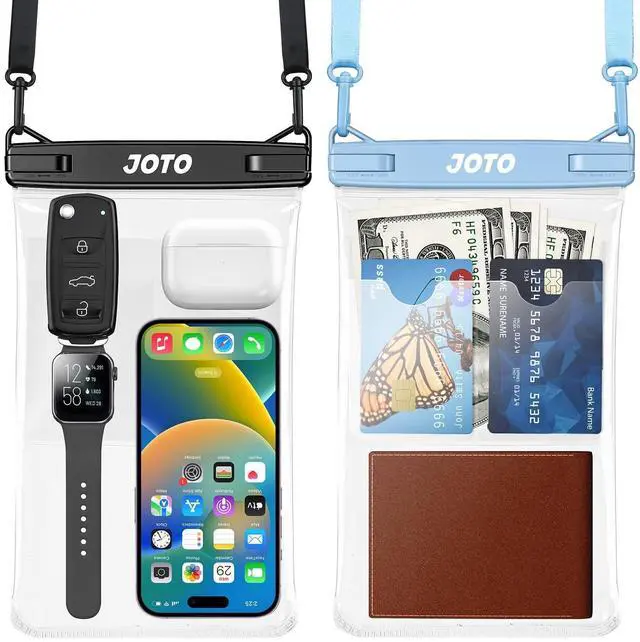 Main image of 2 Pack Large Waterproof Phone Pouch Bag, IPX8 Big Underwater Dry Bag with Lanyard for iPhone 17 Air 16 15 14 Plus Pro Max, Galaxy S24 S23 Ultra, Airpods Cash Credit Card Essentials -Black & Blue