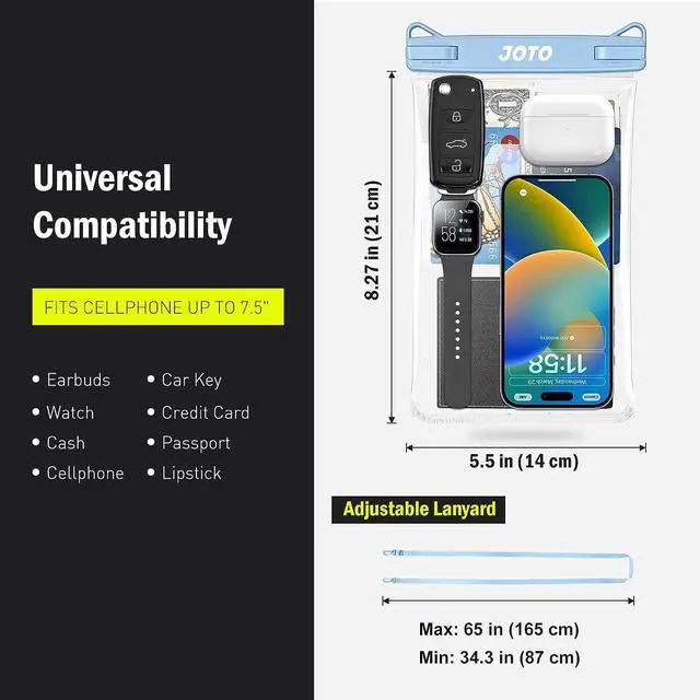 Alt view image 6 of 7 - 2 Pack Large Waterproof Phone Pouch Bag, IPX8 Big Underwater Dry Bag with Lanyard for iPhone 17 Air 16 15 14 Plus Pro Max, Galaxy S24 S23 Ultra, Airpods Cash Credit Card Essentials -Black & Blue