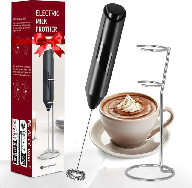Main image of Electric Milk Frother Handheld with Stainless Steel Stand Battery Operated Whisk Drink Mixer for Coffee, Frappe, Latte, Matcha, Black (Handheld, Black)