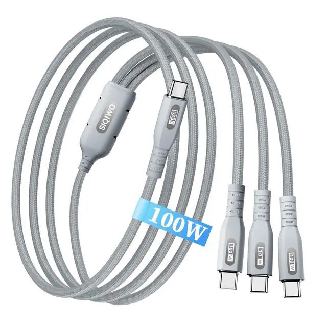 Main image of USB C Multi Charging Cable 3 in 1, 4FT 100W Fast Charging Splitter Cord with 3 Type-C Ports for iPhone/Samsung/Tablets Home/Car/Travel, 1 Pack