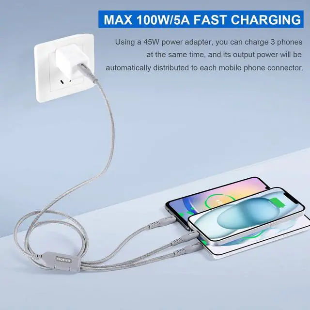 Alt view image 3 of 7 - USB C Multi Charging Cable 3 in 1, 4FT 100W Fast Charging Splitter Cord with 3 Type-C Ports for iPhone/Samsung/Tablets Home/Car/Travel, 1 Pack