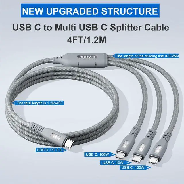 Alt view image 7 of 7 - USB C Multi Charging Cable 3 in 1, 4FT 100W Fast Charging Splitter Cord with 3 Type-C Ports for iPhone/Samsung/Tablets Home/Car/Travel, 1 Pack