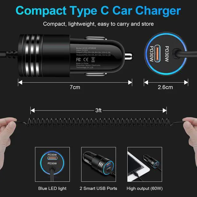 Alt view image 5 of 7 - for iPhone 17e 17 Car Charger, 60W USB C Fast Car Adapter with 3FT Built-in Coiled USB C Fast Charging Cable for iPhone 17e 17 Pro Max 17 Pro Air 16e 16 Pro Max 16 Plus 15,Samsung Galaxy S26 A17 A56
