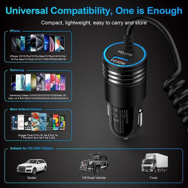Alt view image 7 of 7 - for iPhone 17e 17 Car Charger, 60W USB C Fast Car Adapter with 3FT Built-in Coiled USB C Fast Charging Cable for iPhone 17e 17 Pro Max 17 Pro Air 16e 16 Pro Max 16 Plus 15,Samsung Galaxy S26 A17 A56