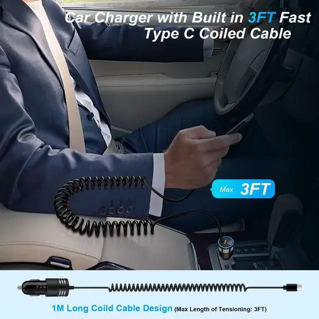 Alt view image 6 of 7 - for iPhone 17e 17 Car Charger, 60W USB C Fast Car Adapter with 3FT Built-in Coiled USB C Fast Charging Cable for iPhone 17e 17 Pro Max 17 Pro Air 16e 16 Pro Max 16 Plus 15,Samsung Galaxy S26 A17 A56