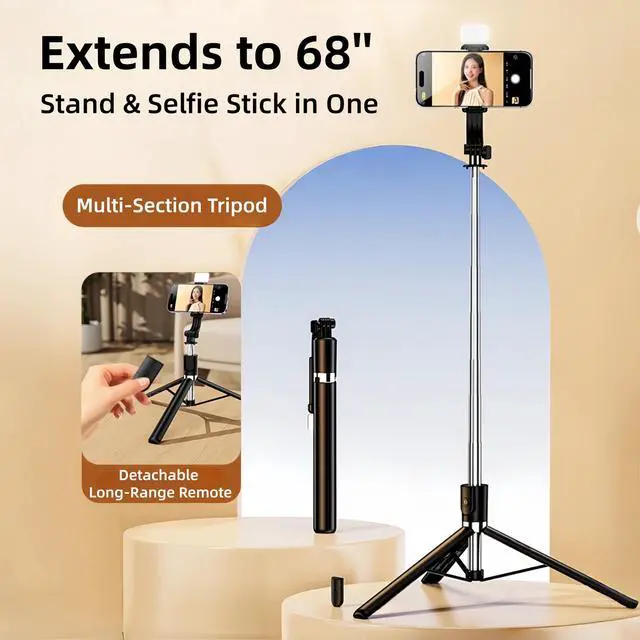 Alt view image 2 of 7 - Selfie Stick Tripod 68", Extendable Selfie Pole with Removable Fill Light & Bluetooth Remote, 3 Modes 360° Rotation, Compact Tripod Stand for Selfie/Live Stream/Vlog/Travel, White