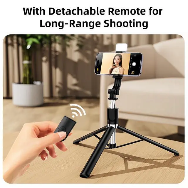 Alt view image 3 of 7 - Selfie Stick Tripod 68", Extendable Selfie Pole with Removable Fill Light & Bluetooth Remote, 3 Modes 360° Rotation, Compact Tripod Stand for Selfie/Live Stream/Vlog/Travel, White