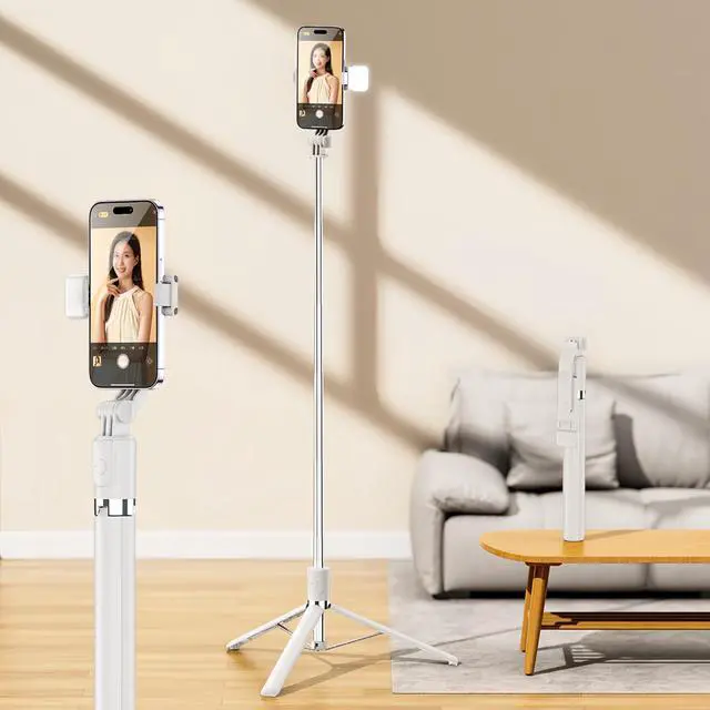 Alt view image 7 of 7 - Selfie Stick Tripod 68", Extendable Selfie Pole with Removable Fill Light & Bluetooth Remote, 3 Modes 360° Rotation, Compact Tripod Stand for Selfie/Live Stream/Vlog/Travel, White