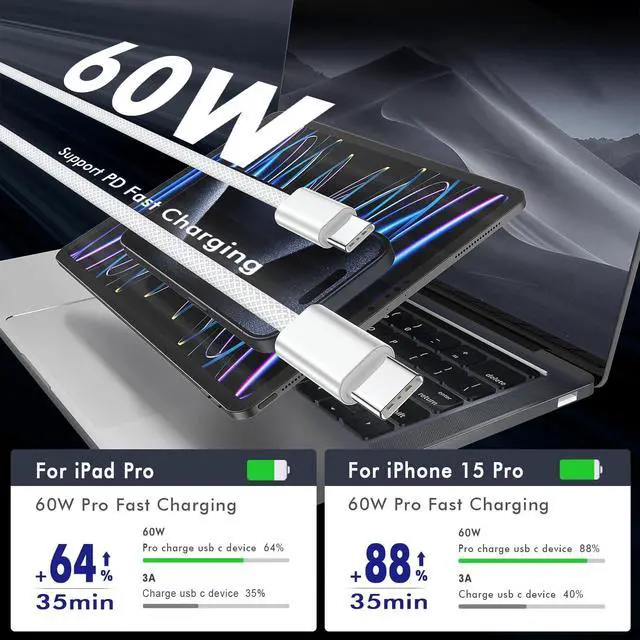 Alt view image 3 of 7 - USB C Cable 6FT, 2-Pack Braided USB C Charging Cable 60W Fast Charger Cord, Long USB C to USB C Cable for iPhone 17/16/15 Pro Max, iPad Pro Air, MacBook, Samsung Galaxy S26