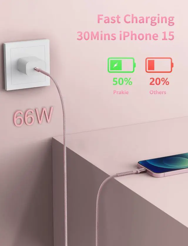 Alt view image 2 of 7 - USBC Cables 6FT, 2Pack USB C to C Charger Cable, Long USBC Fast Charging Cable Nylon Braided USB C iPhone Charger Cord Compatible with iPhone 17 16/15/Pro Max/PlusSamsung Galaxy S23/LG and More-Pink