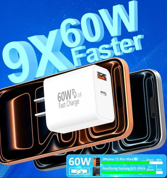 Alt view image 2 of 7 - iPhone 17 Charger Fast Charging, 60W GaN USB-C & USB-A Wall Charger Block with 2 USB C to USB C Cable 6ft, Compatible with iPhone 17/Air/16/15/Pro Max/iPad/Samsung