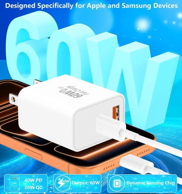 Alt view image 4 of 7 - iPhone 17 Charger Fast Charging, 60W GaN USB-C & USB-A Wall Charger Block with 2 USB C to USB C Cable 6ft, Compatible with iPhone 17/Air/16/15/Pro Max/iPad/Samsung