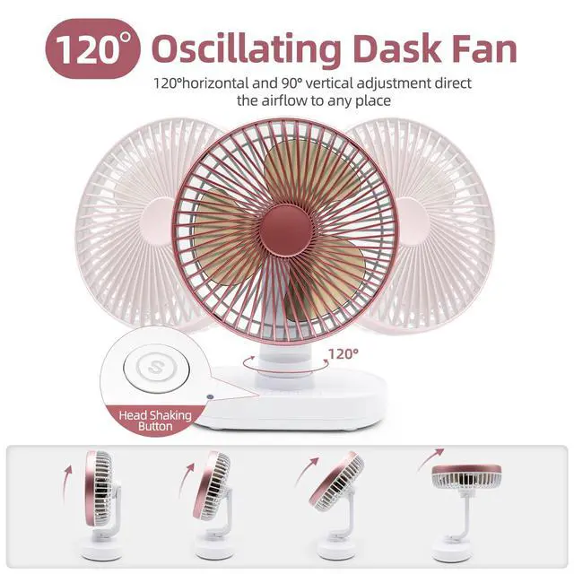 Alt view image 2 of 7 - Small Oscillating Fan for Bedroom, 4000mAh Battery Powered Rechargeable Fan, 90° Vertical Manual and 120° Oscillating Desk Fan, 4 Speeds Air Circulator Fans, Quiet Table Fans for Home Office Travel