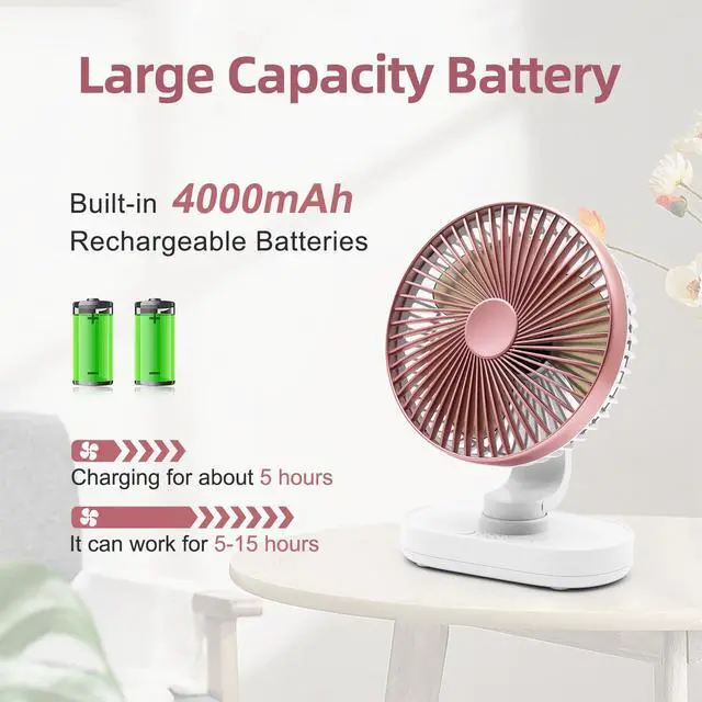 Alt view image 5 of 7 - Small Oscillating Fan for Bedroom, 4000mAh Battery Powered Rechargeable Fan, 90° Vertical Manual and 120° Oscillating Desk Fan, 4 Speeds Air Circulator Fans, Quiet Table Fans for Home Office Travel