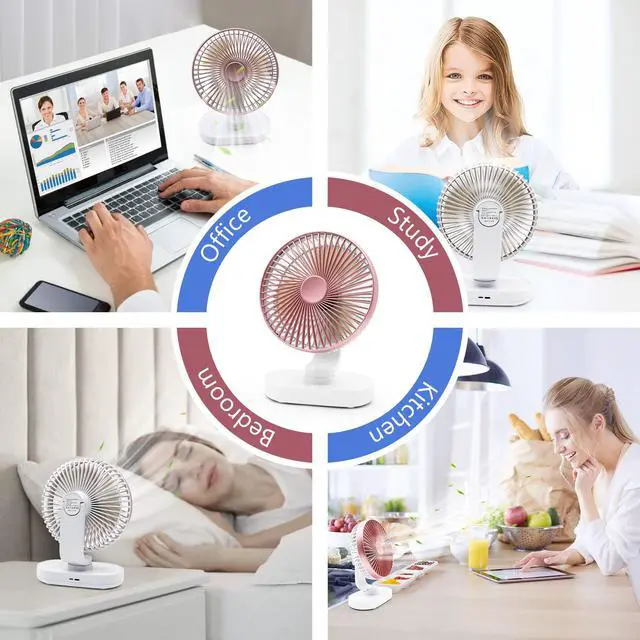 Alt view image 7 of 7 - Small Oscillating Fan for Bedroom, 4000mAh Battery Powered Rechargeable Fan, 90° Vertical Manual and 120° Oscillating Desk Fan, 4 Speeds Air Circulator Fans, Quiet Table Fans for Home Office Travel
