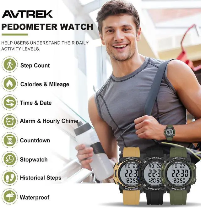 Alt view image 2 of 7 - Pedometer Watch for Walking Steps and Miles Calories NoAPP Needed 50M Waterproof Digital Step Counter Watch Sport Simple Fitness Tracker for Men(Green)