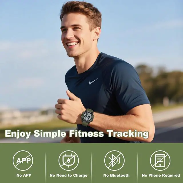 Alt view image 3 of 7 - Pedometer Watch for Walking Steps and Miles Calories NoAPP Needed 50M Waterproof Digital Step Counter Watch Sport Simple Fitness Tracker for Men(Green)