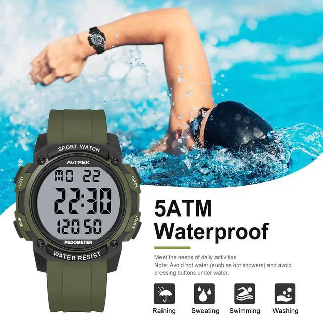 Alt view image 4 of 7 - Pedometer Watch for Walking Steps and Miles Calories NoAPP Needed 50M Waterproof Digital Step Counter Watch Sport Simple Fitness Tracker for Men(Green)