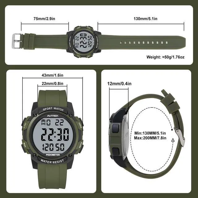 Alt view image 6 of 7 - Pedometer Watch for Walking Steps and Miles Calories NoAPP Needed 50M Waterproof Digital Step Counter Watch Sport Simple Fitness Tracker for Men(Green)