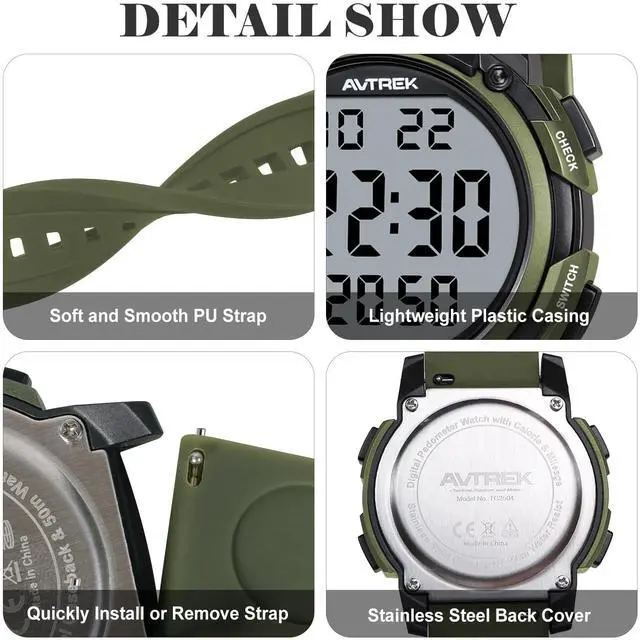 Alt view image 7 of 7 - Pedometer Watch for Walking Steps and Miles Calories NoAPP Needed 50M Waterproof Digital Step Counter Watch Sport Simple Fitness Tracker for Men(Green)