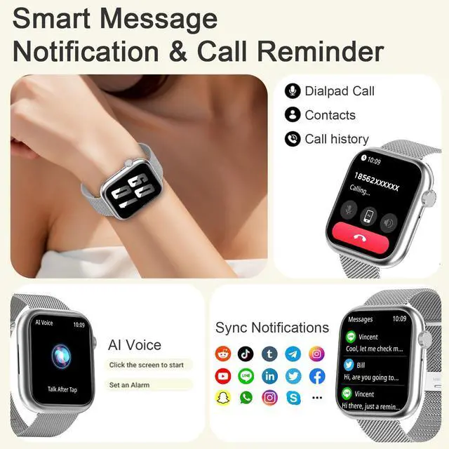 Alt view image 2 of 6 - Smart Watches for Men Women(Answer/Make Calls),7 Day Battery Fitness Tracker Watch SpO2/HR/Sleep/BP,120+ Sports Activity Trackers,IP68 Smart Watch for Android/iOS,120+Dials,2 Bands,Silver