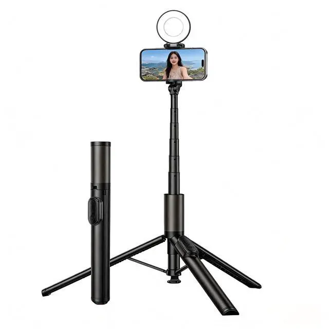 Main image of 63 Selfie Stick Tripod for iPhone/Android - Expandable Phone Tripod with Fill Light, 10M Bluetooth Remote Control, one Click Open Selfie Stick for Vlog/Travel/Live Streaming(Black)