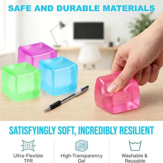 Alt view image 4 of 7 - Big Ice Cube Squishy 4 Pack, Stress Cube Fidget Toys, Adult Stress Ice Cube, Squishy Fidget & Squeeze Toys Soft Anxiety Cube, Party Favors, Gift for Adult (4 Colors)