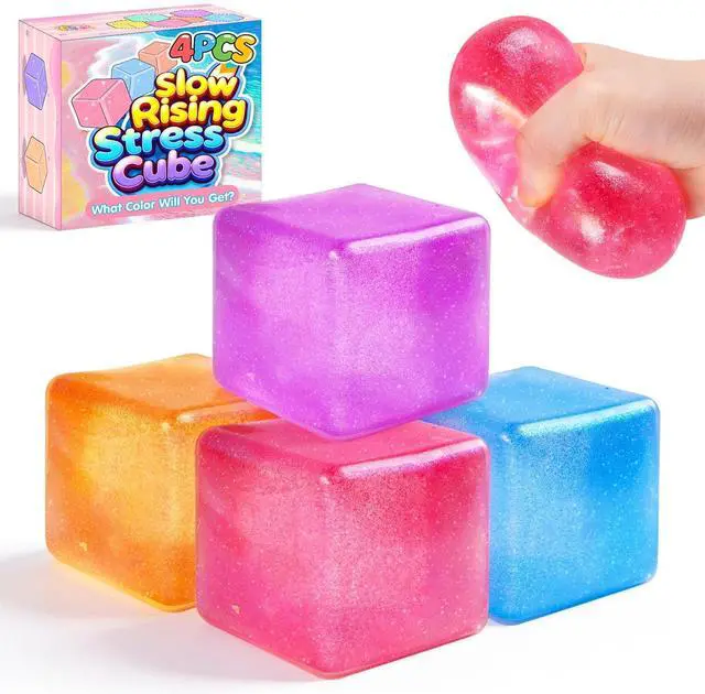 Main image of 4 Pack Big Ice Cube Squishy Toys, 4 Color Glitter Stress Cube Fidget Toys, 2.2 inch Sensory Squeeze Toys, Squishy Cube Pack for Kids Adult Anxiety Stress Relief, Quiet Fidgets for Classroom Home