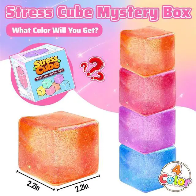 Alt view image 2 of 7 - 4 Pack Big Ice Cube Squishy Toys, 4 Color Glitter Stress Cube Fidget Toys, 2.2 inch Sensory Squeeze Toys, Squishy Cube Pack for Kids Adult Anxiety Stress Relief, Quiet Fidgets for Classroom Home