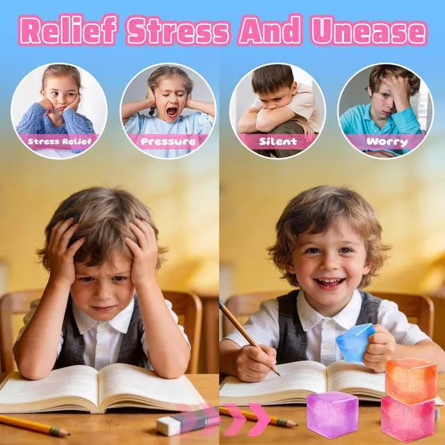 Alt view image 3 of 7 - 4 Pack Big Ice Cube Squishy Toys, 4 Color Glitter Stress Cube Fidget Toys, 2.2 inch Sensory Squeeze Toys, Squishy Cube Pack for Kids Adult Anxiety Stress Relief, Quiet Fidgets for Classroom Home