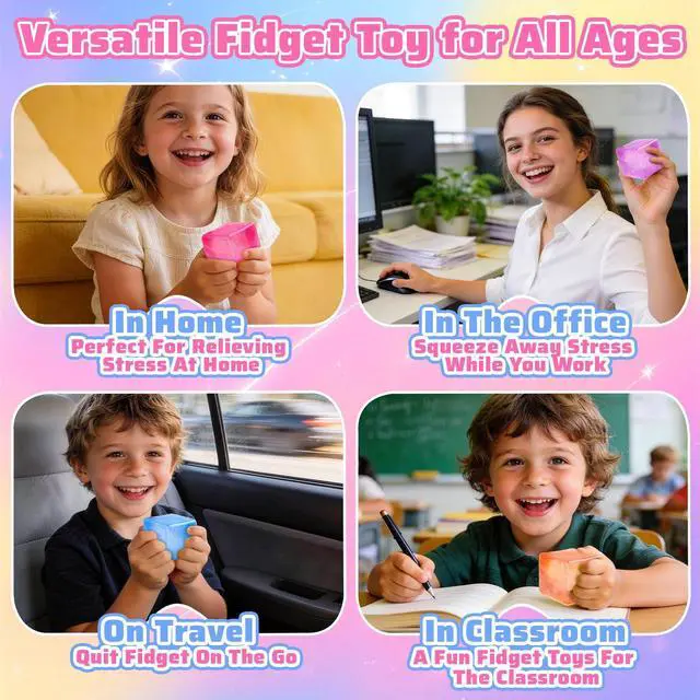 Alt view image 4 of 7 - 4 Pack Big Ice Cube Squishy Toys, 4 Color Glitter Stress Cube Fidget Toys, 2.2 inch Sensory Squeeze Toys, Squishy Cube Pack for Kids Adult Anxiety Stress Relief, Quiet Fidgets for Classroom Home