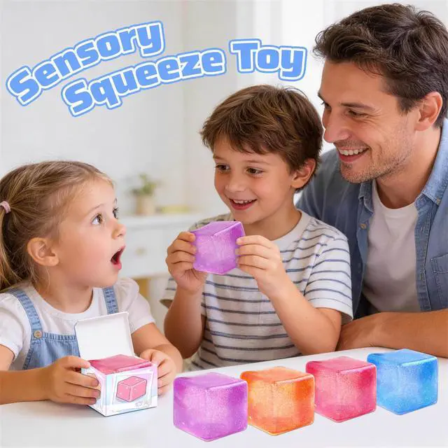 Alt view image 5 of 7 - 4 Pack Big Ice Cube Squishy Toys, 4 Color Glitter Stress Cube Fidget Toys, 2.2 inch Sensory Squeeze Toys, Squishy Cube Pack for Kids Adult Anxiety Stress Relief, Quiet Fidgets for Classroom Home