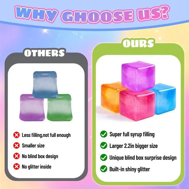 Alt view image 6 of 7 - 4 Pack Big Ice Cube Squishy Toys, 4 Color Glitter Stress Cube Fidget Toys, 2.2 inch Sensory Squeeze Toys, Squishy Cube Pack for Kids Adult Anxiety Stress Relief, Quiet Fidgets for Classroom Home