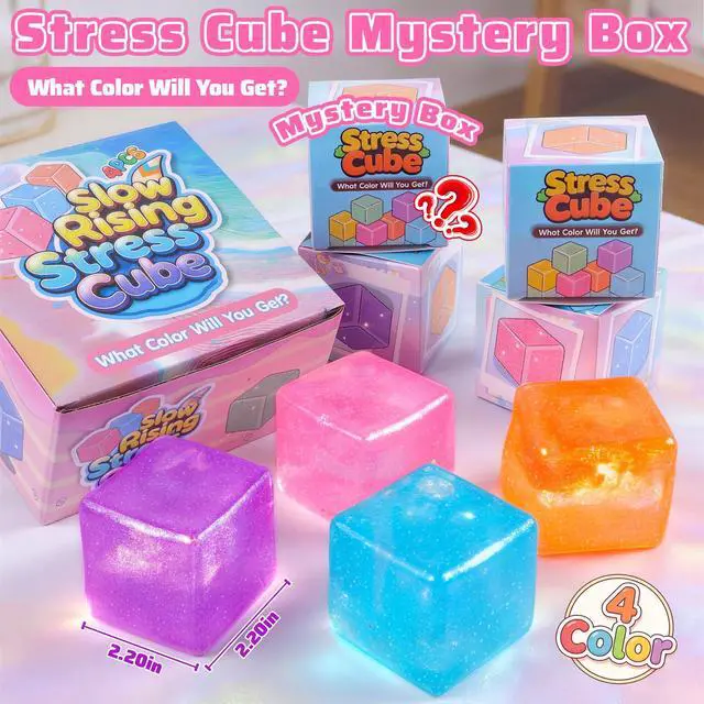 Alt view image 7 of 7 - 4 Pack Big Ice Cube Squishy Toys, 4 Color Glitter Stress Cube Fidget Toys, 2.2 inch Sensory Squeeze Toys, Squishy Cube Pack for Kids Adult Anxiety Stress Relief, Quiet Fidgets for Classroom Home