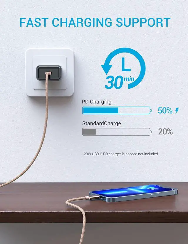 Alt view image 3 of 7 - USB C to Lightning Cable - MFi Certified iPhone 14 Fast Charger Cord 3/6/10ft Type C to Charging Cable Compatible with iPhone 14 13 12 Pro Max Mini 11 X XS XR 8 Plus -Gold