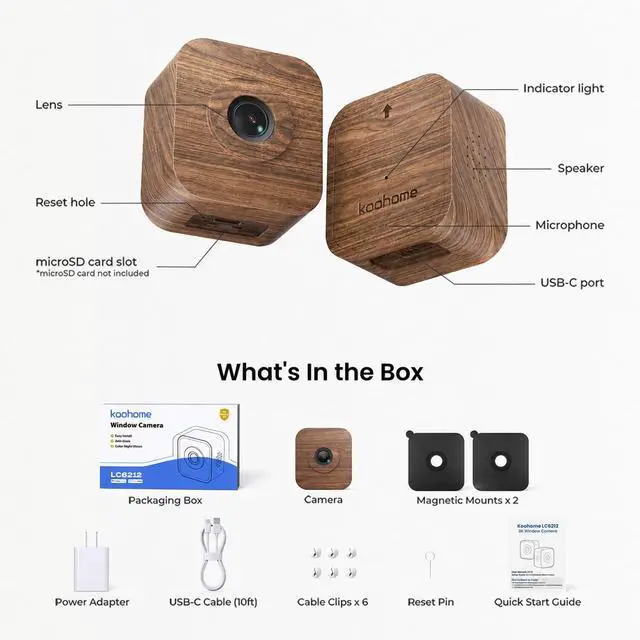Alt view image 7 of 7 - 5MP 3K Window Camera for Indoor & Outdoor Home Security, Magnetic Mount, Full-Color Night Vision, 24/7 Recording, Free Cloud Storage, No Subscription, Dual-Band WiFi, AI Human Detection, Walnut Wood