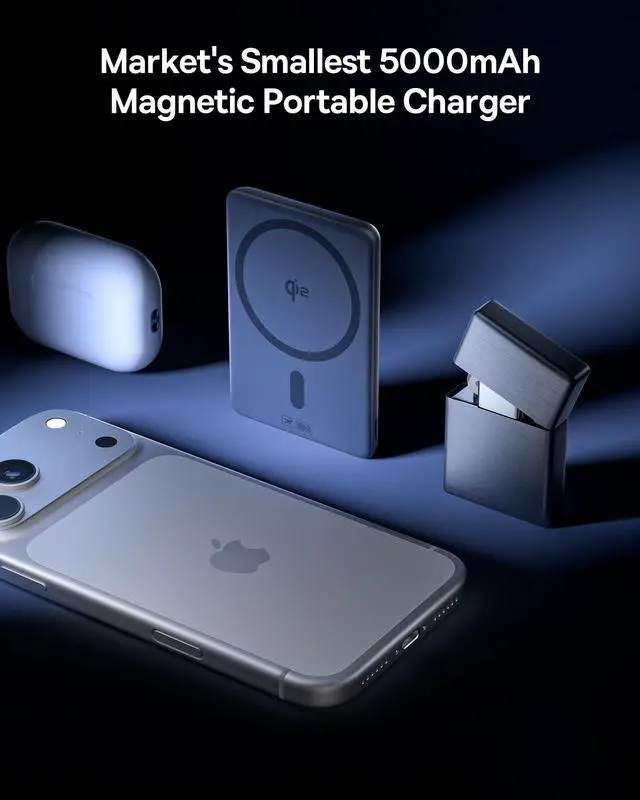 Alt view image 2 of 7 - Picogo Power Bank, Smallest Qi2 Certified 15W MagSafe Portable Charger, 0.5" Ultra Slim 5000mAh Magnetic Battery Pack with Stand, Alloy Wireless Charger for iPhone 17 Pro Max/17 Air/17e Series