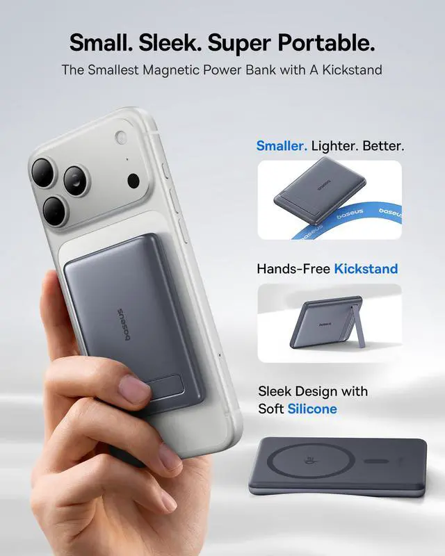 Alt view image 4 of 7 - Picogo Power Bank, Smallest Qi2 Certified 15W MagSafe Portable Charger, 0.5" Ultra Slim 5000mAh Magnetic Battery Pack with Stand, Alloy Wireless Charger for iPhone 17 Pro Max/17 Air/17e Series