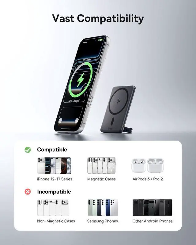 Alt view image 6 of 7 - Picogo Power Bank, Smallest Qi2 Certified 15W MagSafe Portable Charger, 0.5" Ultra Slim 5000mAh Magnetic Battery Pack with Stand, Alloy Wireless Charger for iPhone 17 Pro Max/17 Air/17e Series