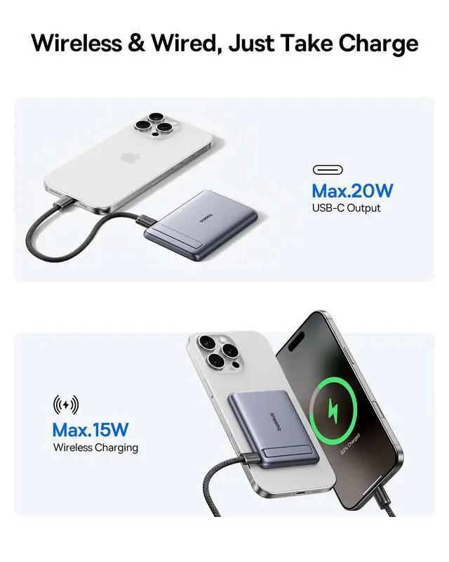 Alt view image 7 of 7 - Picogo Power Bank, Smallest Qi2 Certified 15W MagSafe Portable Charger, 0.5" Ultra Slim 5000mAh Magnetic Battery Pack with Stand, Alloy Wireless Charger for iPhone 17 Pro Max/17 Air/17e Series