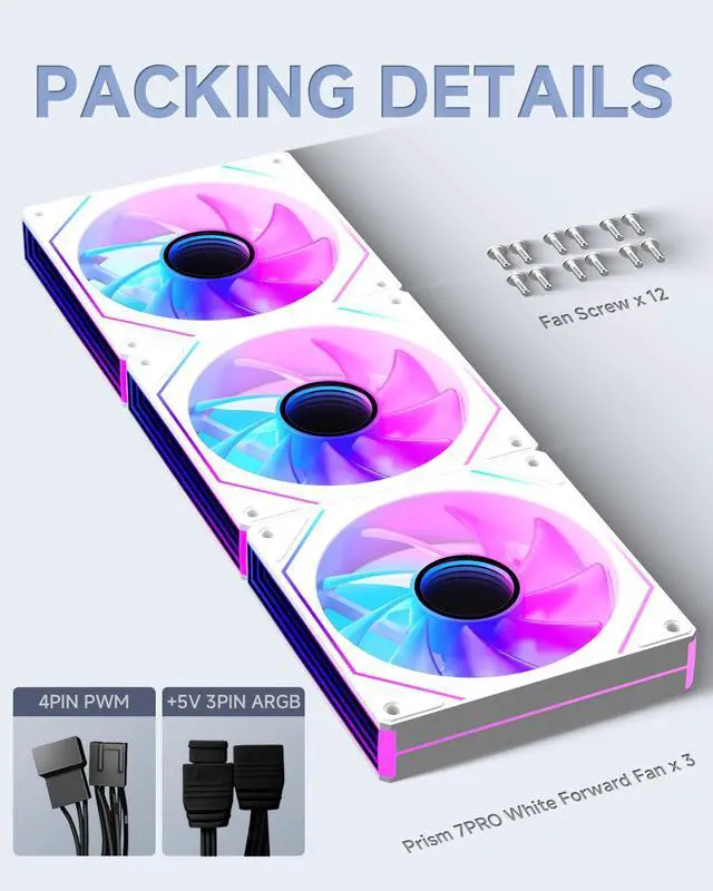 Alt view image 3 of 7 - Prism 7PRO 120mm Case Fan 3-Pack White, Infinity Mirror ARGB PWM Sync PC Cooling Fan with Daisy-Chain, Next-Gen Silent HDB, High Airflow for Gaming PC, AIO Liquid & CPU Cooler, Computer Case