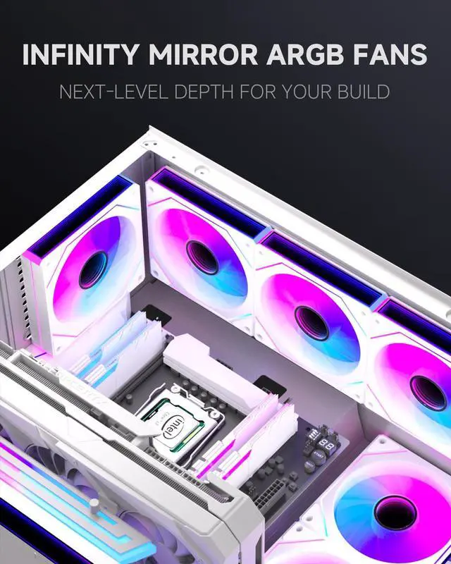 Alt view image 2 of 7 - Prism 7PRO 120mm Case Fan 3-Pack White, Infinity Mirror ARGB PWM Sync PC Cooling Fan with Daisy-Chain, Next-Gen Silent HDB, High Airflow for Gaming PC, AIO Liquid & CPU Cooler, Computer Case