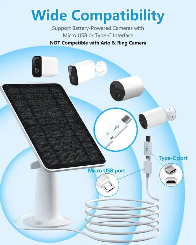 Alt view image 2 of 7 - Solar Panel Charger Compatible with Eufycam 3/3C/2C/2C Pro/E40/E20/2/2 Pro/E/L20/L40/Solo/SoloCam Spotlight, 5W Solar Panel for Eufy Camera, Micro USB & USB-C Port, 9.8ft Cable, P65 Waterproof, 1 Pack