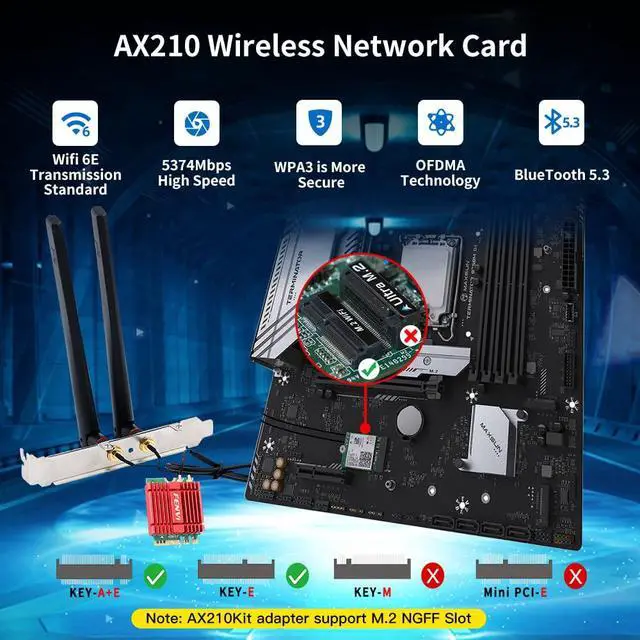 Alt view image 4 of 7 - 6E Desktop Upgrade Kit with Intel AX210-5400Mbps Tri-Band 6GHz & BT 5.3 Includes M.2 2230 AX210NGW WiFi Card, High Gain Antennas, Low Profile Bracket for Windows 11/10